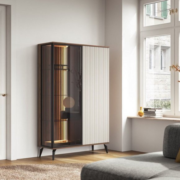 Вітрина висока з підсвіткою Вічі / Vici WT103 2-дверна Горіх/кашемір Perfect Home Польща (PFH-091278)