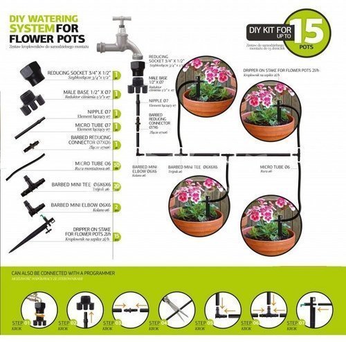 Комплект системи зрошення для квіткових горщиків на 15 крапельниць Комплект системи зрошення для квіткових горщиків на 15 крапельниць