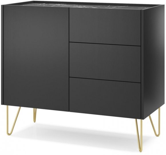 Комод Perfect Home Гармони / Harmony 1-дверний з 3 шухлядами і золотими ніжками KSZ97 Чорний/чорний мармур роял (PFH-091182)