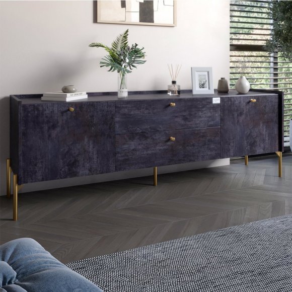 Тумба під телевізор з шухлядами LION Wood з золотими ніжками 160х65х40 см Бетон темний (LION-043110) Тумба під телевізор з шухлядами LION Wood з золотими ніжками 160х65х40 см Бетон темний (LION-043110)