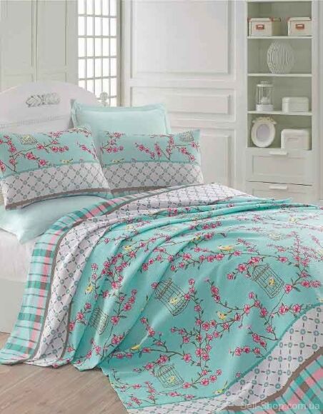 Покривало піке Birdcage turkuaz бірюзовий вафельне 160х235 см