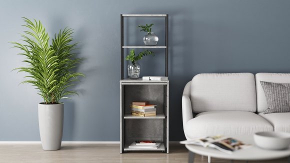 Стіл-тумба трансформер Смарт 3/2 з етажеркою Ferrum-decor 1430x1450x600 Чорний метал ДСП Бетон 16 мм (FRD-105122)