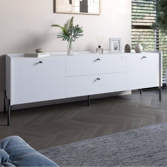 Тумба під телевізор з шухлядами LION Wood з чорними ніжками 160х65х40 см Німфея Альба (білий) (LION-043132) Тумба під телевізор з шухлядами LION Wood з чорними ніжками 160х65х40 см Німфея Альба (білий) (LION-043132)