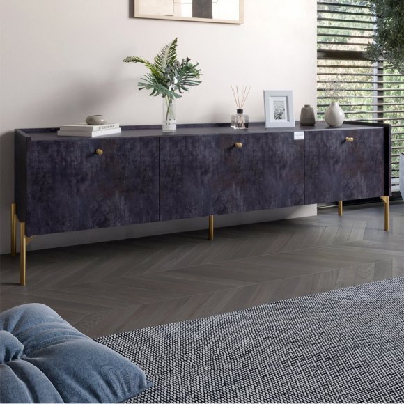 Тумба під телевізор на 3 шухляди LION Wood з золотими ніжками 160х65х40 см Бетон темний (LION-042989) Тумба під телевізор на 3 шухляди LION Wood з золотими ніжками 160х65х40 см Бетон темний (LION-042989)