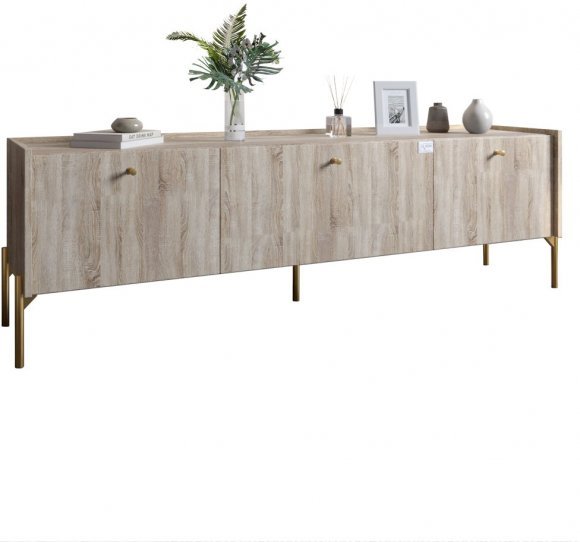 Тумба під телевізор на 3 шухляди LION Wood з золотими ніжками 160х65х40 см Дуб Сонома (LION-042994)