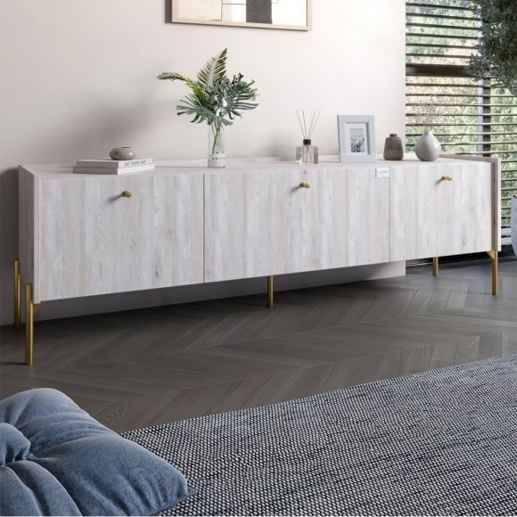 Тумба під телевізор на 3 шухляди LION Wood з золотими ніжками 160х65х40 см Самоа Димчастий (LION-042999)