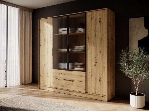Гардеробна / шафа для одягу Perfect Home Келлі / Kelly 4DRM 4-дверна з центральними прозорими дверцятами та додатковими полицями Дуб артизан (PFH-091897) Гардеробна / шафа для одягу Perfect Home Келлі / Kelly 4DRM 4-дверна з центральними прозорими дверцятами та додатковими полицями Дуб артизан (PFH-091897)