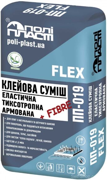 Клейова суміш еластична тиксотропна армована фіброволокном ПП-019 FLEX білий