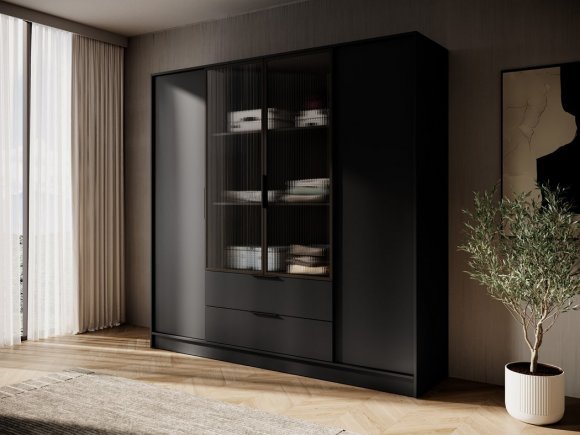 Гардеробна / шафа для одягу Perfect Home Келлі / Kelly 4DRM 4-дверна з центральними прозорими дверцятами та додатковими полицями Чорний (PFH-091899) Гардеробна / шафа для одягу Perfect Home Келлі / Kelly 4DRM 4-дверна з центральними прозорими дверцятами та додатковими полицями Чорний (PFH-091899)