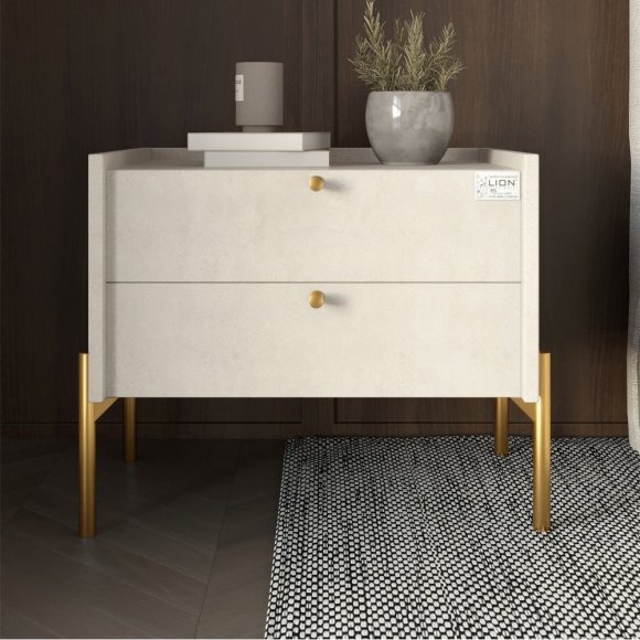 Тумба приліжкова LION Wood з двома шухлядами Бетон style (золоті ножки) (LION-041338) Тумба приліжкова LION Wood з двома шухлядами Бетон style (золоті ножки) (LION-041338)